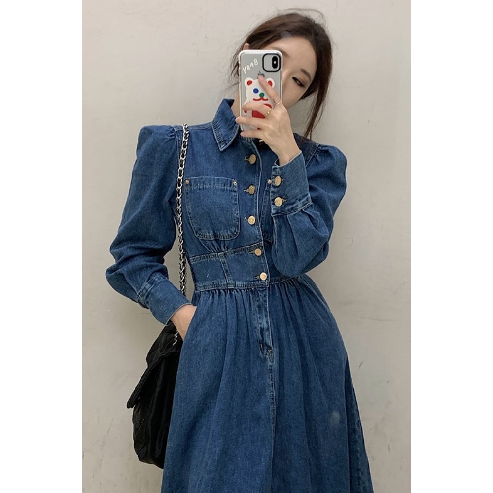 2023fw 프랑스 복고풍 허리 슬림핏 데님 롱원피스