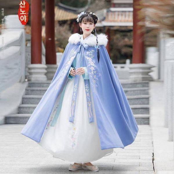 오리지널 한복 케이프 망토 여 겨울 차이나 자수 롱 기모에 도톰한 선기 고풍스러운 트렌치코트