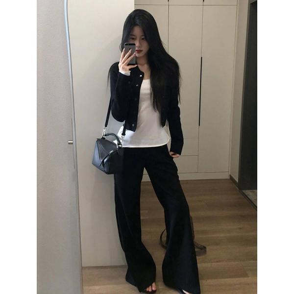 블랙 라운드 재킷 상의 여성복 가을 아메리칸 쇼트 코트 긴팔 티셔츠 와이드 팬츠 쓰리피스