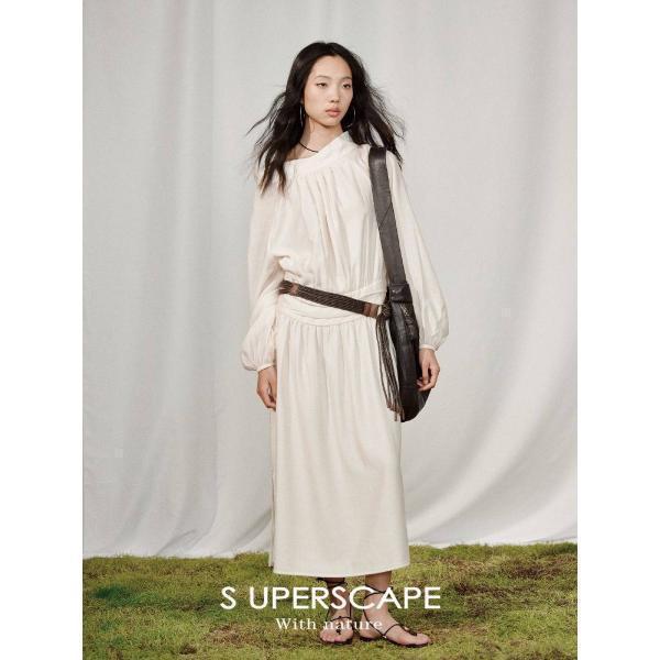 슈퍼스케이프 초산광택 건사피부 일자넥 오프숄더 퍼프 롱원피스