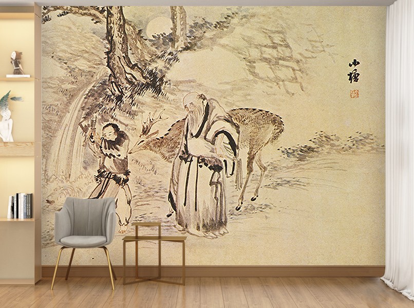 동양화 벽지 이재관 월하신선- 민화 전통인테리어 3폭 제작도 한지 mm 10PA02838 2820X2400