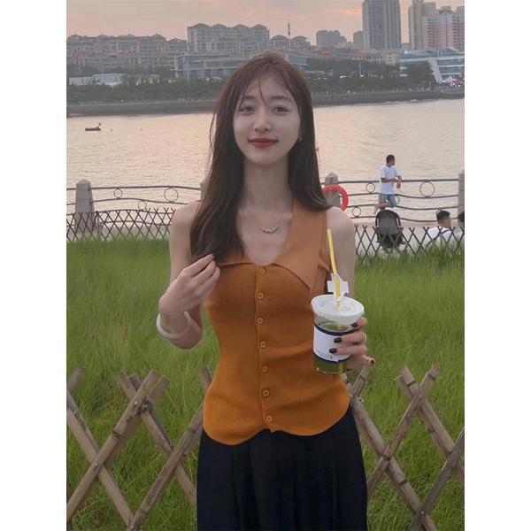 프렌치 디자인 민소매 여 여름 니트 폴로넥 타이트핏 이너 톱