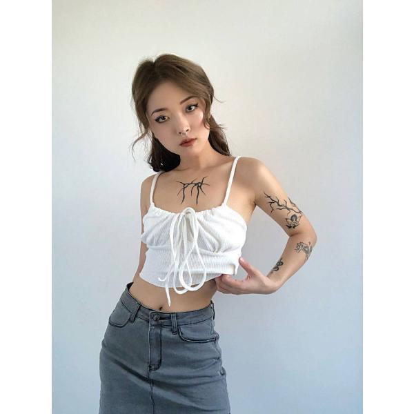 구미 스타일의 핫걸 가슴 스트링 와플 탱크탑 여자 여름 아우터 크롭탑