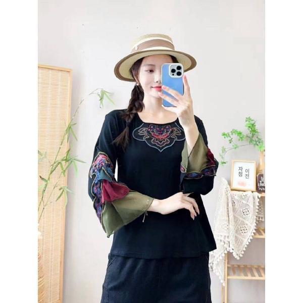 연운각 봄소매배색티셔츠 에스닉자수플레어소매배색프릴레깅스375