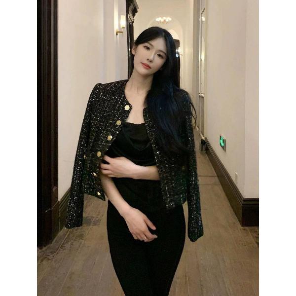 블랙 스팽글 빈티지 스몰카라 울 트위드 24조가을 신명원 기품 정장 쇼트 코트녀