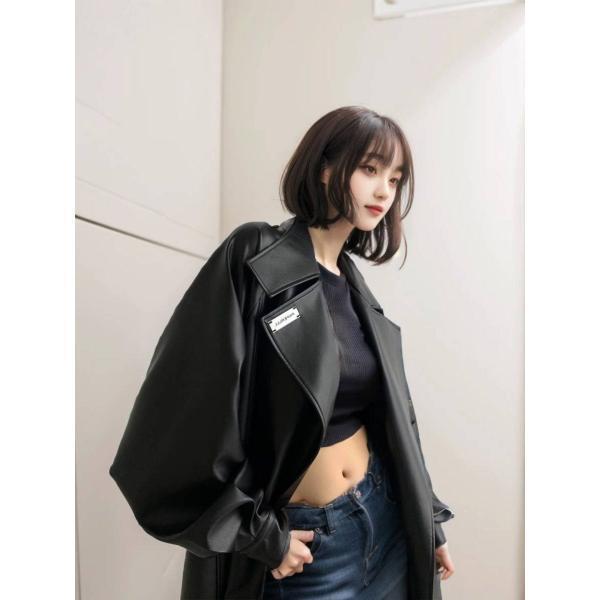 디자인 레더 코트 여 추동 하프 기장 슬리브리스 트렌치코트 한국판 루즈핏 코트