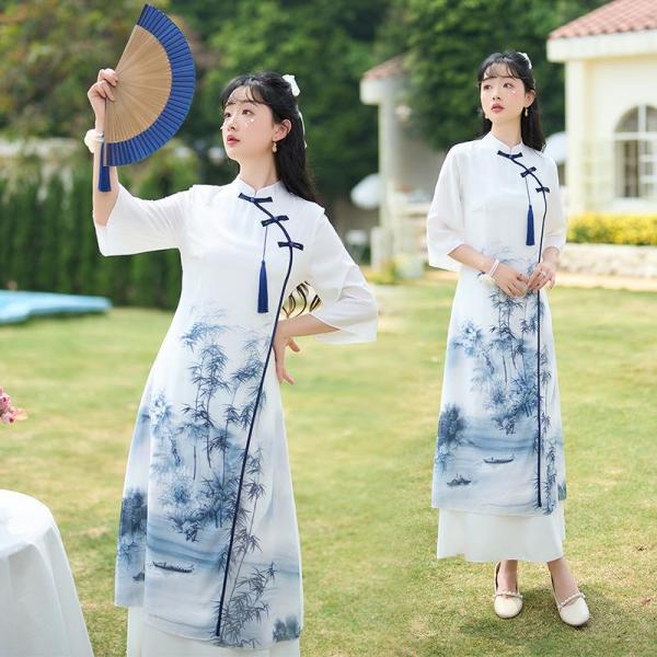 새로운 중국 개선 아오 다이 봄과 여름 고급 5 분 소매 복고풍 소녀 차 중국식 한복 젠 댄스 청삼