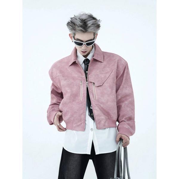 핑크 빈티지 라이더 가죽 재킷 남 가을 남자 숏 데미지 구제 멋쟁이 푸가죽 재킷