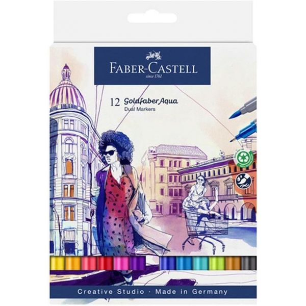 파버카스텔 Faber-Castell Goldfaber Aqua 듀얼 팁 수채화 마커 - 브러시 펜 12개 성인용 리얼 닙 피니라이너 아트