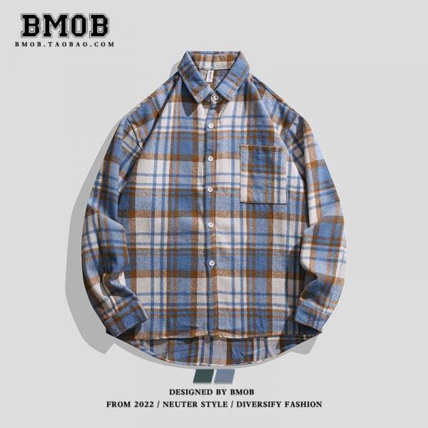 BMOB 봄 긴팔 모직 체크 아우터 남녀패션 건달 학생 셔츠 빈티지 오버사이즈