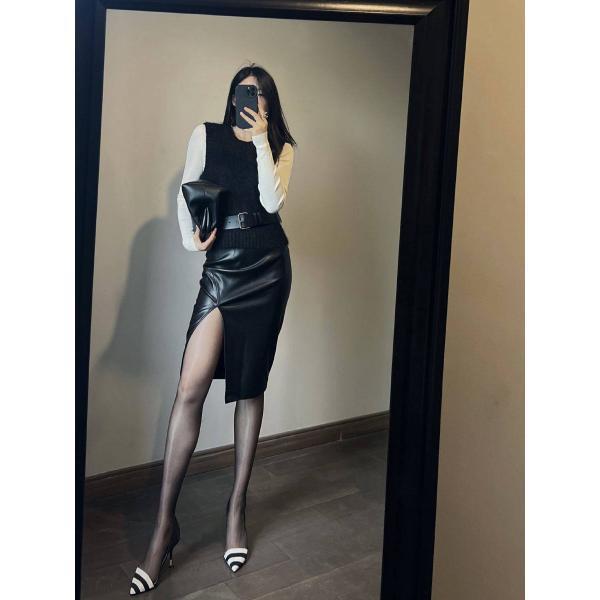 코코졸리 패셔너블한 사계절용 트임진피 스커트 다리길이 펜슬랩스커트