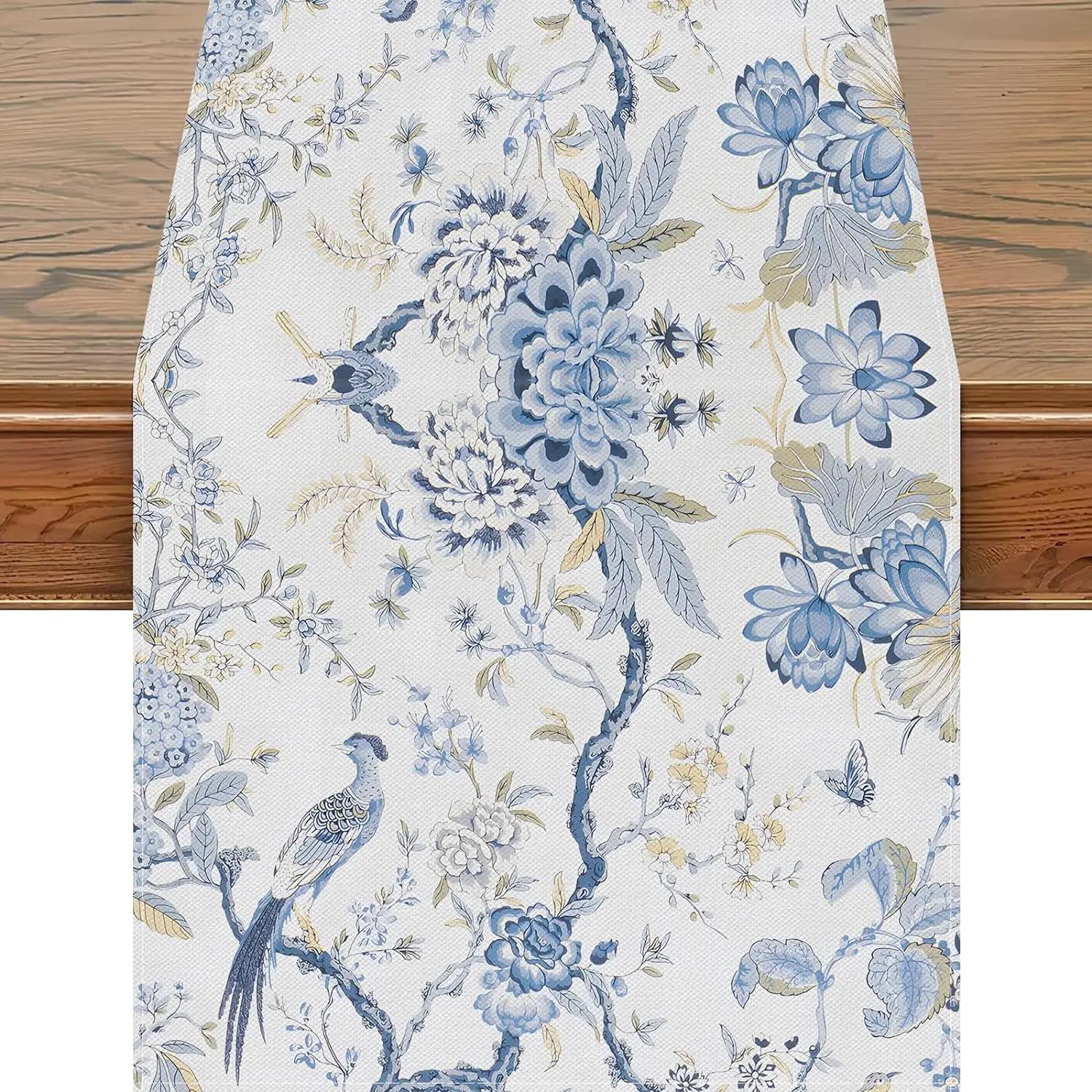블루 버드 플라워 린넨 테이블 러너 우아한 파티 B 59x13inch
