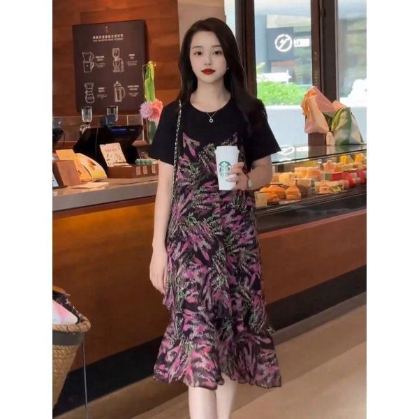 페이크 투피스 나시 쉬폰 원피스 2024 여름 기질 감령 시크 루즈핏 날씬해 보이는 플라워