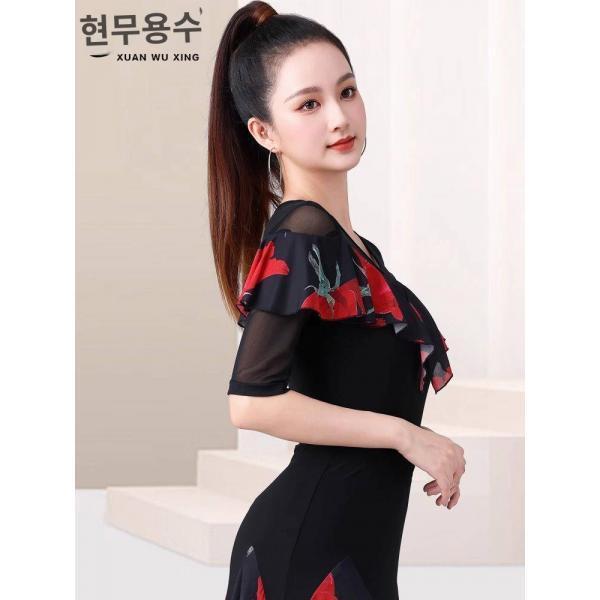 고급스러운 모던 댄스 상의 서양식 프린트 프릴 지바트 댄스 공연복 라틴 댄스 트레이닝복