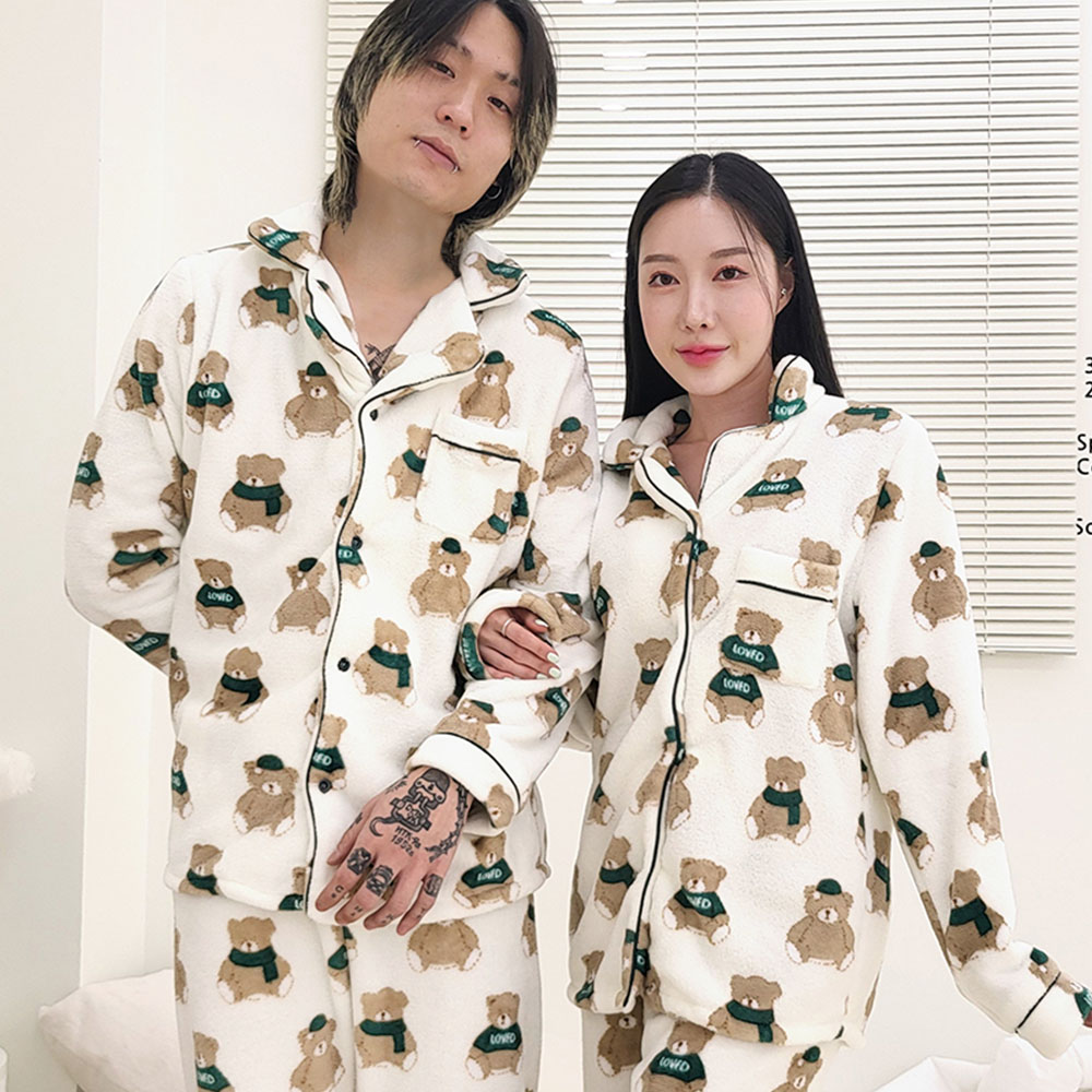 초록초록 곰 극세사 파자마세트 극세사파자마 두꺼운잠옷 극세사잠옷 홈웨어 홈파티 여성잠옷 잠옷세트 파자마세트 겨울 양털 남