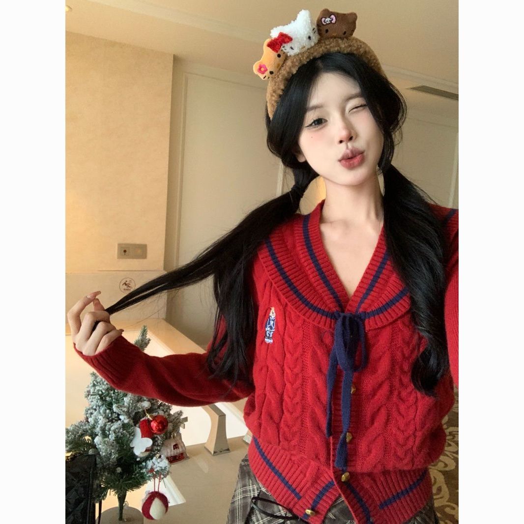 해피유통 여성용 추동 터틀넥 리본 니트 가디건 숏 스웨터 상의 LWJ S