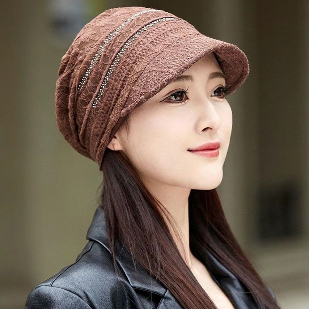 ROYALBELLE 여성용 가을 겨울 스타일리시한 주름 장식 짧은 챙 모자 캐주얼 디자인 망사 레이스 캡 머리둘레 연핑크 D01015021