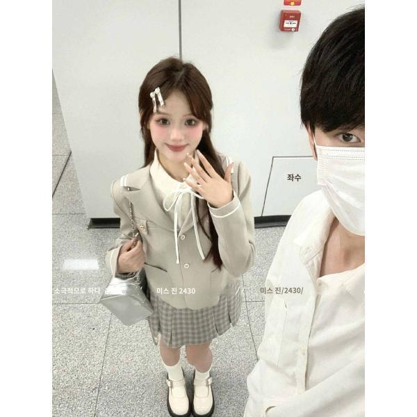 껀터 스쿨룩 마이너 디자인 정장 코트 여 키 작은 체크 스커트 세트 가을