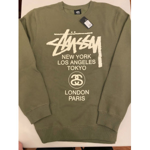Stussy 로고 월드 투어 FA18 크루넥 아미 그린 사이즈 M 챕터 스톡