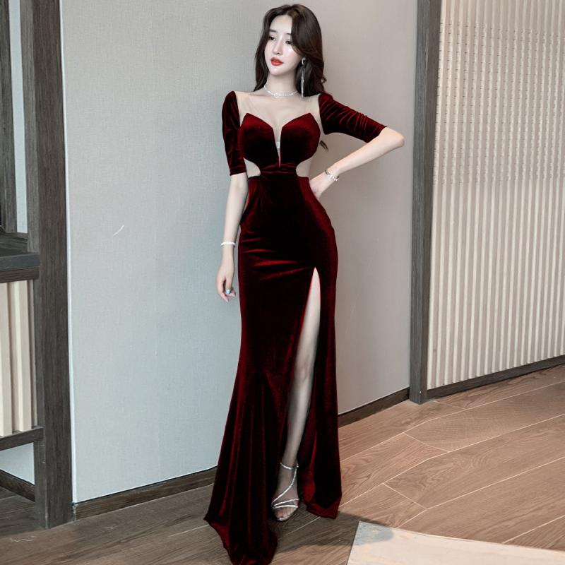 홀복 원피스 드레스 슬림핏 여름 댄스복 클럽 파티 롱 벨벳 S 와인 벨벳