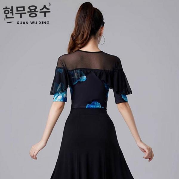 왈츠 상의 프린트 망사 모던 댄스 연공복 여 지바트 댄스 의상 라틴 댄스복