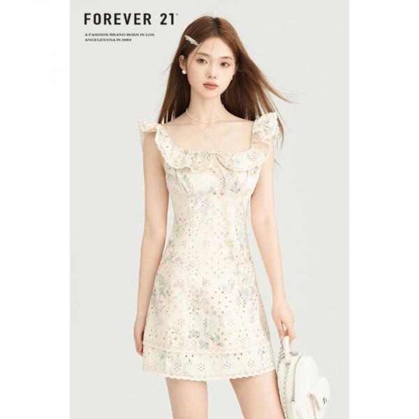 Forever21 한 스트링 플라워 소매 스팽글 원피스 여 여름 펀칭 레이스 패치 스커트