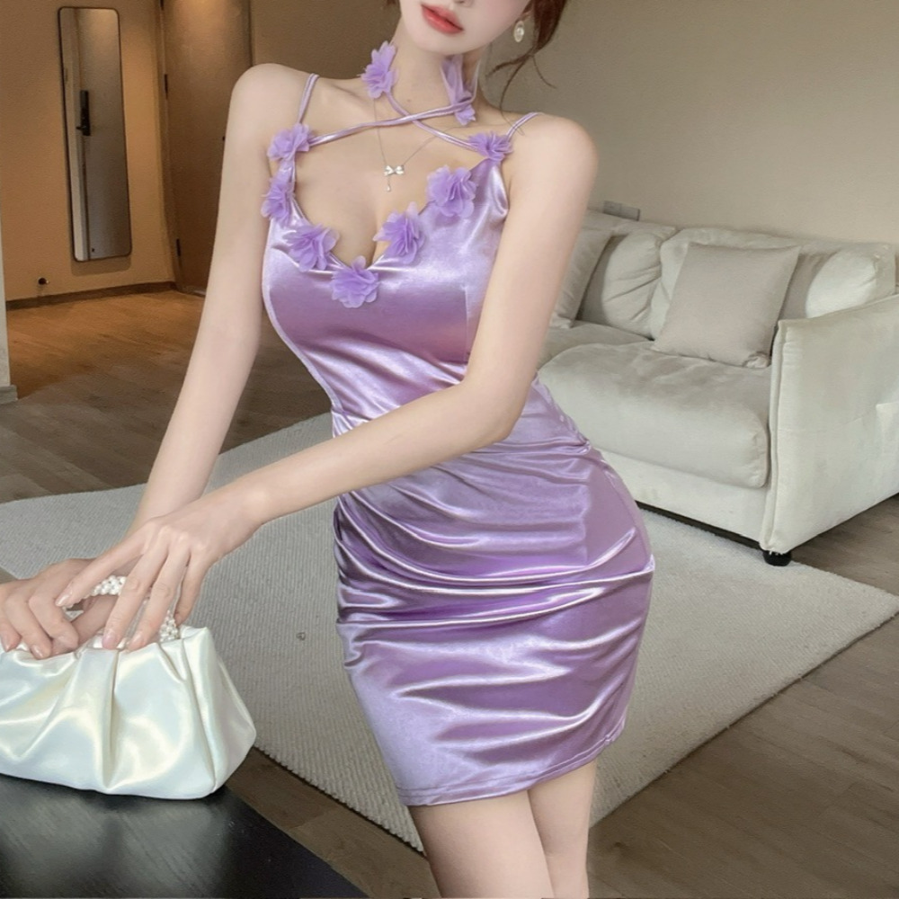 단하나 단하나 슬립 홀터넥 플라워 스티치 숏 미니 실크 원피스 S