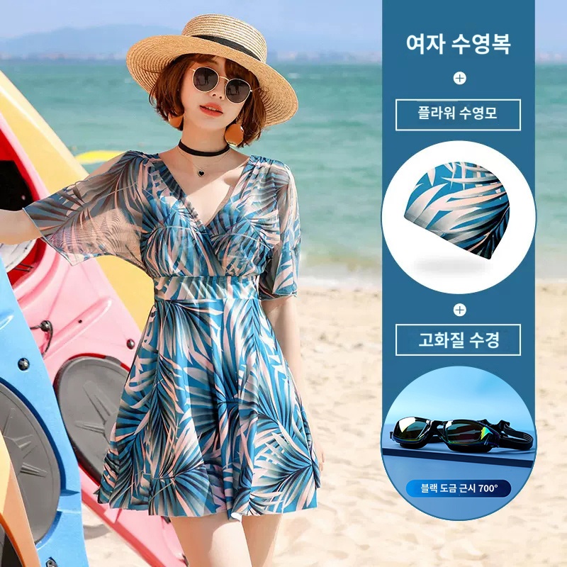 HJ 해변 화사한 신혼여행수영복 해외여행수영복 여성 비치패션 그린 수영복 수모 수경700