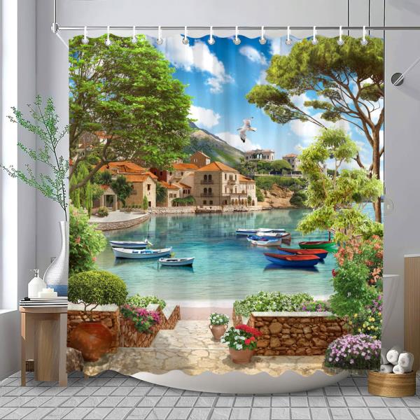 야외 정원 풍경 샤워 커튼 라파 올드 타운 해안 지중해 욕실 장 8 1개 J 220x180cm-86x70in 4482SD