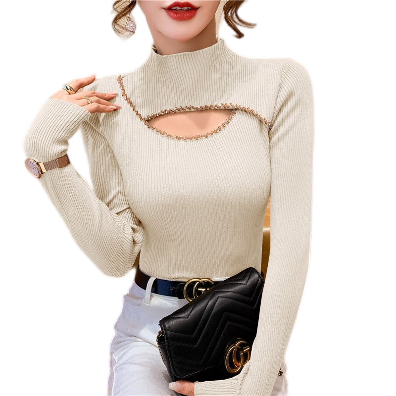 해피유통 반하이넥 비즈 큐빅 니트 티셔츠 스웨터 펀칭 풀오버 상의 살구