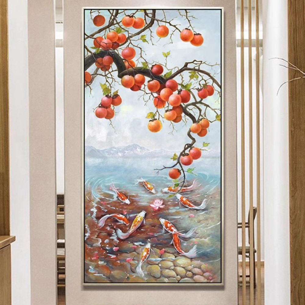 집안의 풍요와 번영을 부르는 감나무 비단잉어 동양화 작품 보석십자수 풍수 인테리어 소품
