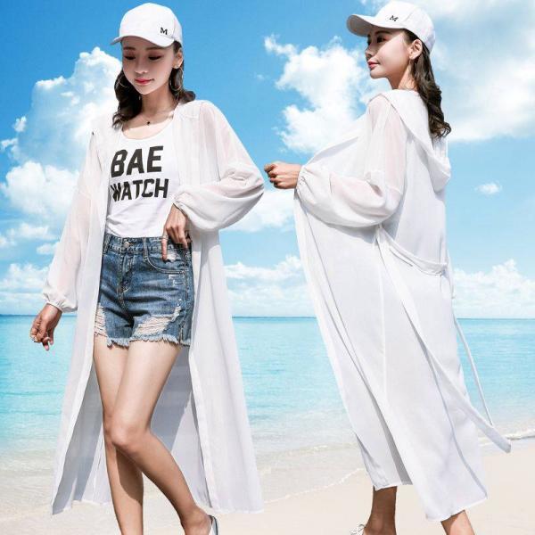 비치 래쉬가드 여 여름 롱 후드 루즈핏 오버사이즈 긴팔 쉬폰 위에 카디건 얇은 망토 코트