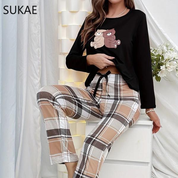 소라네 SUKAE 여성용 잠옷 세트 긴팔 풀 팬츠 밀크 실크 잠옷 레저 라운지웨어 잠옷 핫 용수철 가을