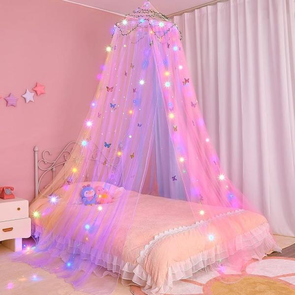 FIOBEE 여아용 침대 캐노피 LED 조명이 침대 캐노피 커튼 모기장 DIY 공주 방 장식 별 나비