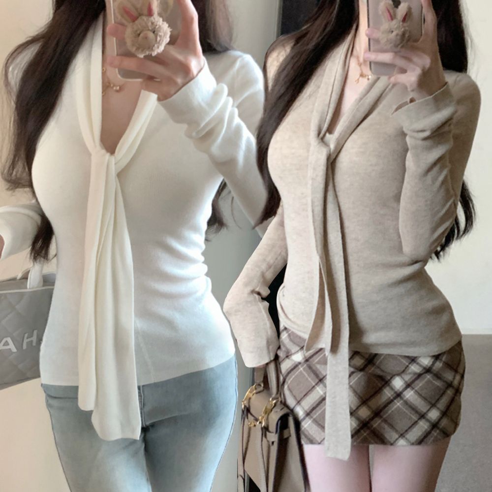 여성 스카프 타이 브이넥 디자인 슬림 긴팔 티셔츠
