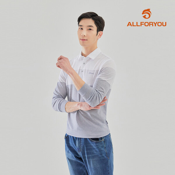 올포유 올포유 모델착장 남성 잔스트라이프 배색 카라 티셔츠 AGTYL2411-100