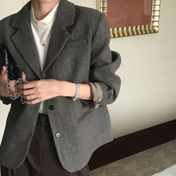 여성 가을 자켓 헤링본 캐주얼 블레이저 모직 루즈핏 30대여성 20대여성 오피스룩 나들이