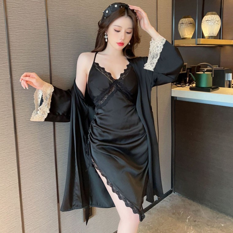 앞치마 대용으로 고급진 커팅의 란제리 가운 SET L010 슬립