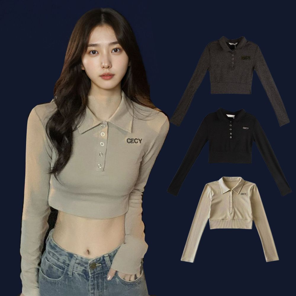 여성 티셔츠 배꼽티 숏티셔츠 카라 긴팔탑티 소개팅