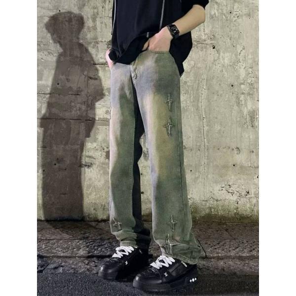 구제 바이브풍 와이드 자수 데님 팬츠 남 힙합 거리 깡패 멋쟁이 스타일리쉬한 느낌의 부츠컷 팬츠