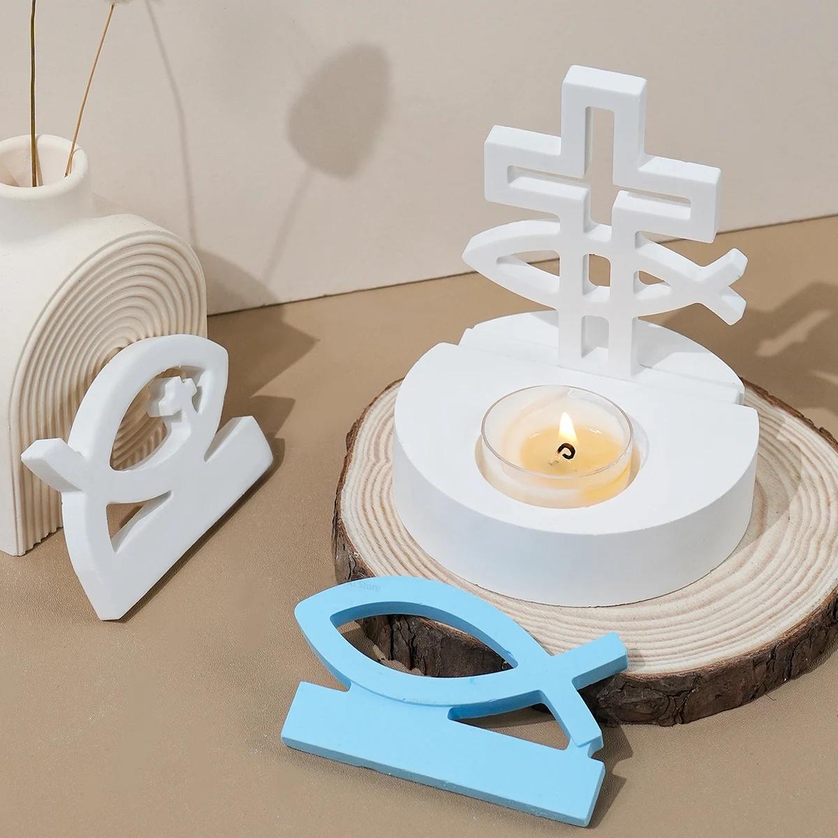 창의적인 십자가 물고기 양초 거치대 실리콘 몰드 DIY 수제 에폭시 송진 석고 공예 촛대 주조 금형 선물