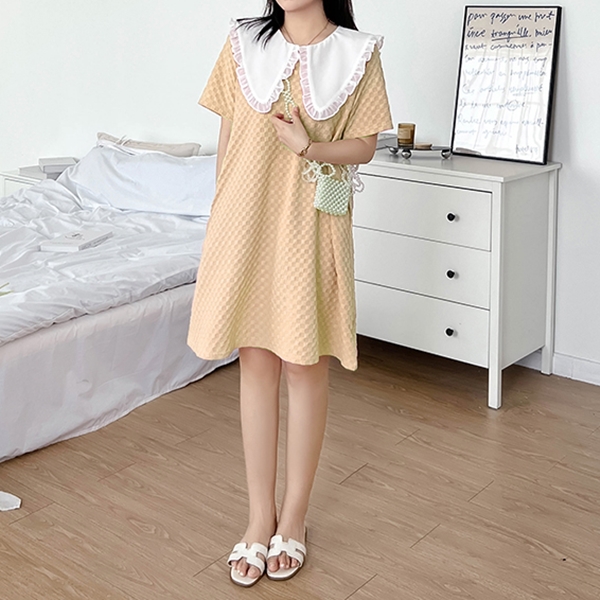 잇츠스타일 여성 프릴 카라 격자 반팔 미니원피스 옐로우숏