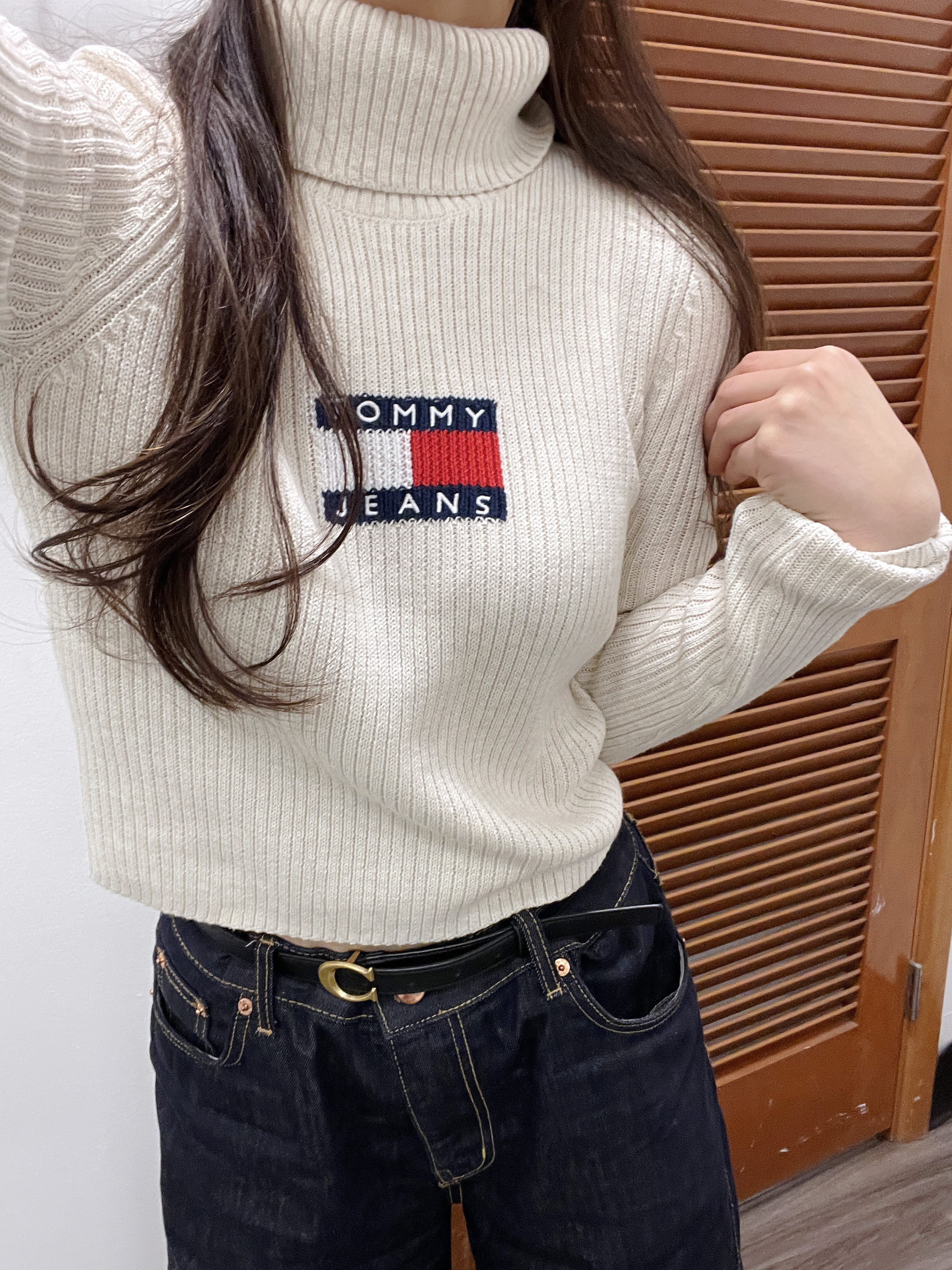 타미힐피거 타미힐피거 진 여성 터틀넥 목폴라 플래그 로고 울 블렌드 니트 스웨터