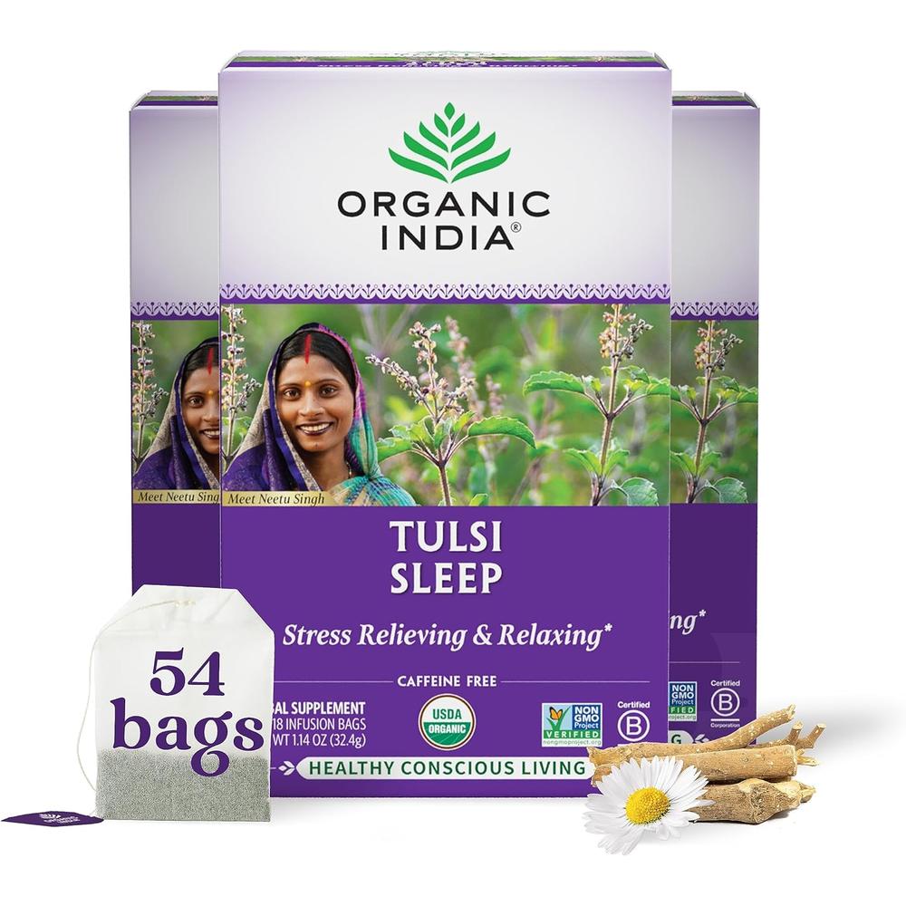 ORGANIC INDIA 오가닉 인디아 털시 슬립 허벌 티 카페인-프리 18 인퓨전 백 3팩