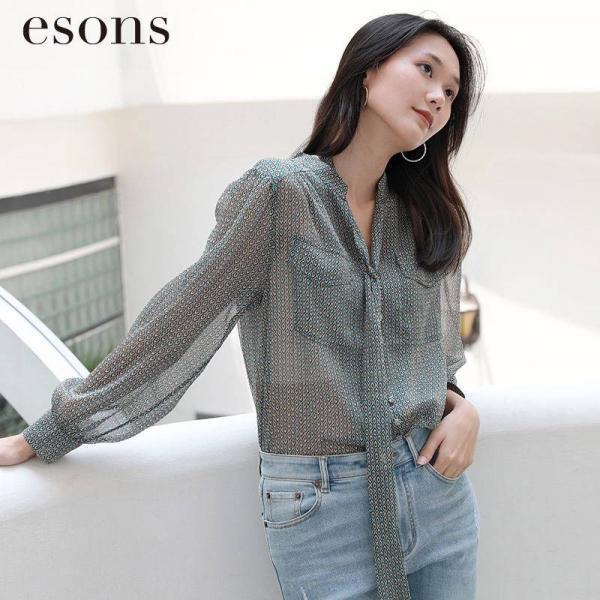 esons 도시사랑 봄여름여장지성블라우스 빈티지프린팅그린플라워타이긴팔셔츠녀