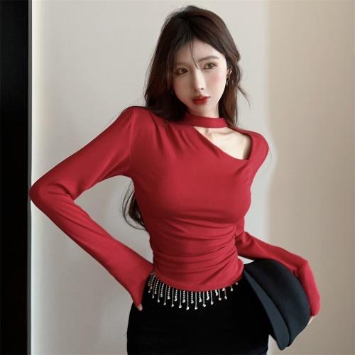 지9차이나 원 숄더 사이드 브이 트임 슬림핏 홀터 넥 티셔츠 S