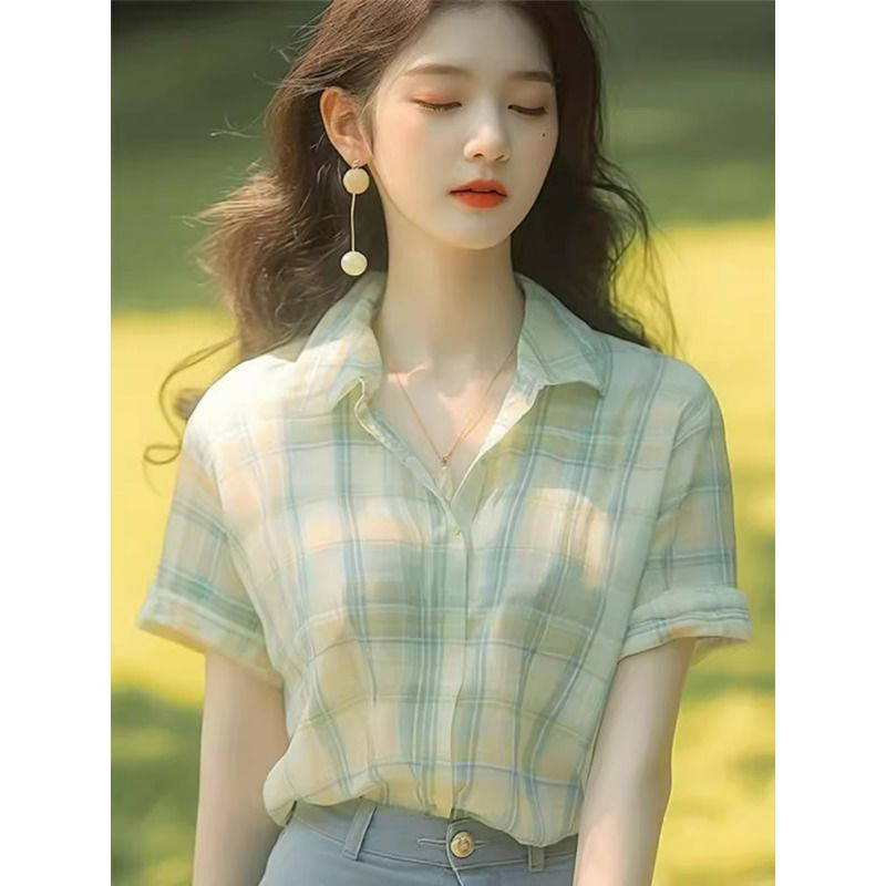 무드 빈티지 체크 셔츠 여성 여름 올해 서양풍 유니크 쉬폰 탑