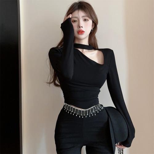 지9차이나 원 숄더 사이드 브이 트임 슬림핏 홀터 넥 티셔츠 L