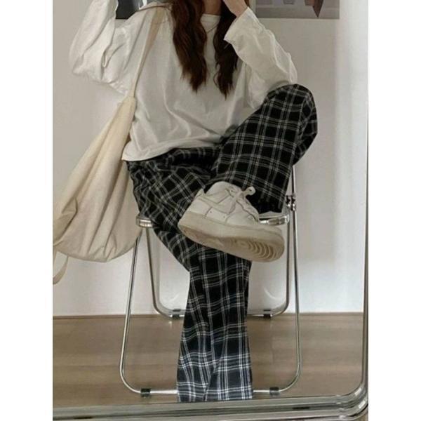 번츠여장블랙체크바지여 뚱동생mm슬림와이드팬츠