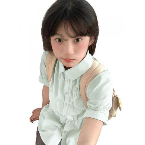 민트 반팔 블라우스 여 2024 여름 맘보아카데미풍 셔츠 키 작은 벌룬 소매 상의